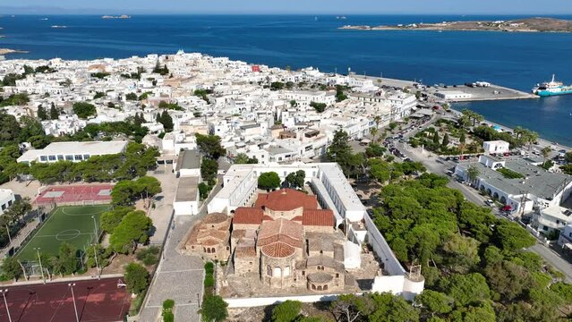 Aerial drone video from famous Byzantine monastery of Ekatontapyliani in main village of Paros island, Parikia, Cyclades, Greece