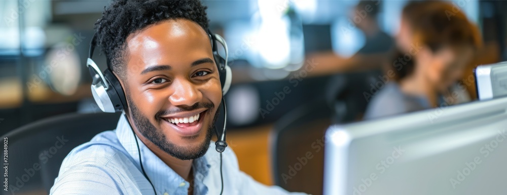 Poster smiling man using headphones and computer