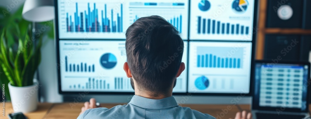 Aufkleber man sitting at desk in front of computer monitor dashboard data
