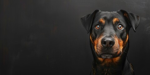 Obraz premium Black big dog on an empty black background. Minimalistic banner with copy space