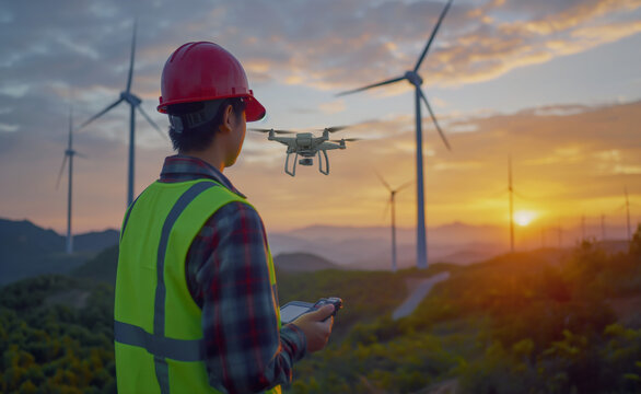 Wind energy engineer Industrial workers sunset, teamwork with drone technology in renewable energy, teamwork in field analysis, teamwork in innovation, concept Wind energy green power..
