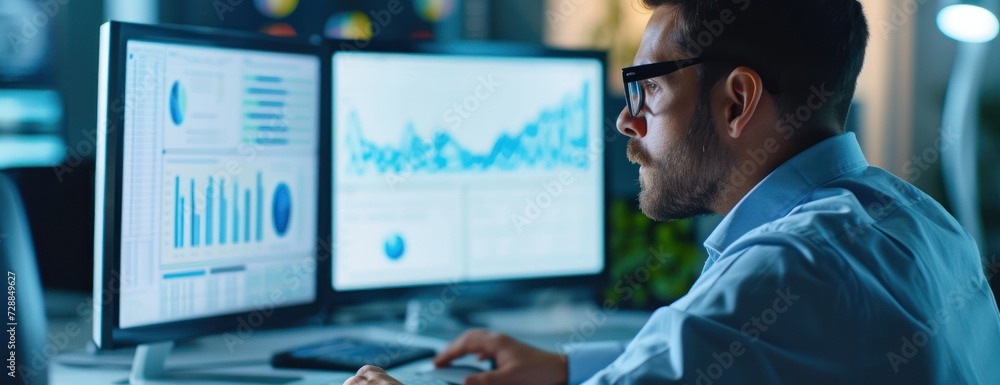 Poster man analyst works in front of two computer monitors