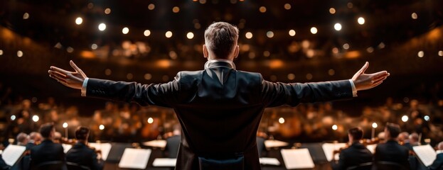 Conductor Leading Orchestra With Outstretched Arms