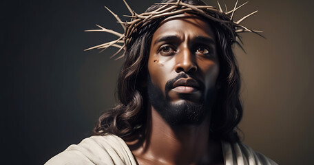 Portrait of black Jesus Christ with crown of thorns on his, head in the darkness in front of the crucifix in the background, a heavenly ray.