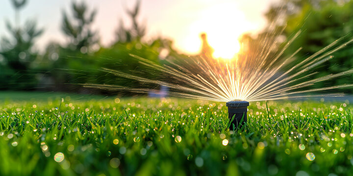 Automatic lawn sprinkler watering green grass