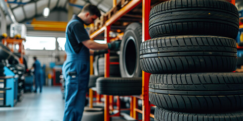  Technician man at auto repair service center. Changing tire shop. Repair or maintenance auto service