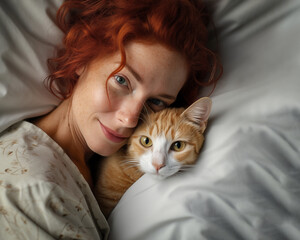 Smiling curly woman lies in bed with ginger cat. Close up portraits of pet and redhead woman. Tranquil home scene at bedroom. Dark key photography.  - 728850211