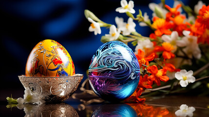 Colorful easter eggs and spring flowers on a dark blue background. Selective focus. Greeting card on an Easter theme. Happy Easter concept.