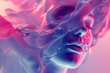 Abstract portrait art of a face from holographic liquid smoke. Modern beautiful blue and pink background