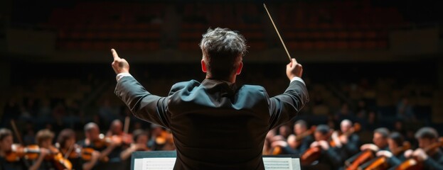 Conductor Leading Orchestra With Raised Arms