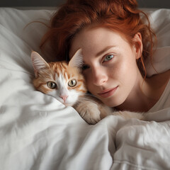 Smiling curly Irish woman lies in bed with ginger cat. Close up portraits of pet and redhead woman. Tranquil home scene at bedroom. Dark key photography. - 728850270
