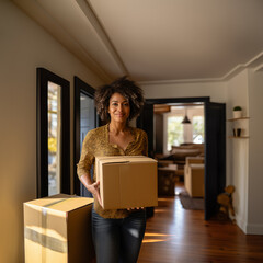 Smiling afro-american woman removes to her new home. Curly woman with cardboard boxes in empty room. Carton boxes and other things in hallway lit with sunlight.  - 728850282