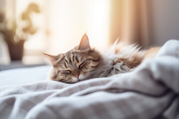 Cat is sleeping on soft duvet. Comfortable sleep in modern bedroom. Fluffy pet has a nap on couch. Tranquil scene with domestic animal.  - 728850296