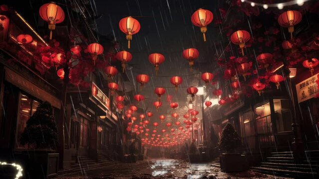 Chinese New Year. Chinese lanterns illuminate the streets.seamless looping time-lapse virtual video animation background