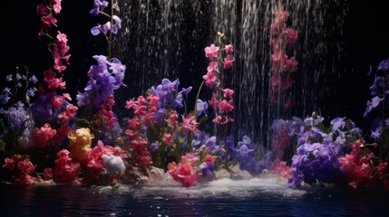 A beautiful scene with a waterfall and flowers. Neural network AI generated art