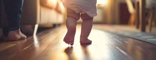 Small Child baby first steps goes Walking on Hardwood Floor