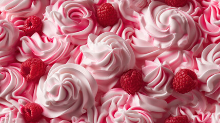  a close up of pink and white icing with raspberries on top of each of the frosting flowers and berries on the top of the icing.