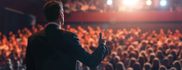business Man Standing in Front of Crowd speaker presentation corporate