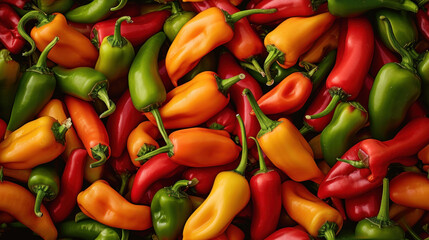  a large pile of red, yellow, and green peppers are piled on top of each other to be sold at the market for $ 1, or for $ 1.