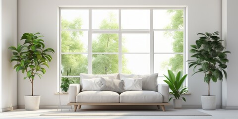 Modern apartment with contemporary bay window, white walls, and fresh houseplants in the living room. - obrazy, fototapety, plakaty