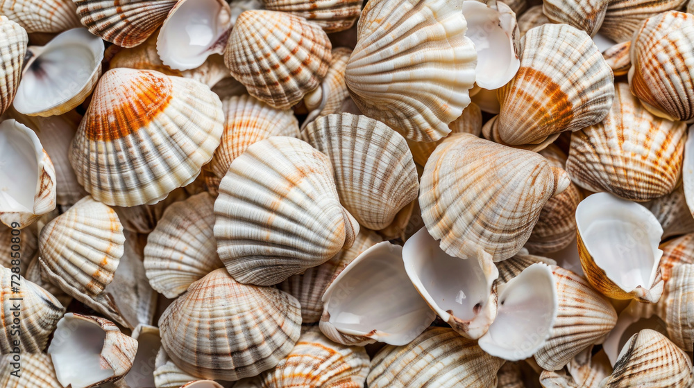 Poster a pile of sea shells sitting on top of a pile of other sea shells on top of a pile of other shells o