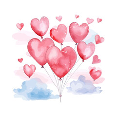 Happy Valentines day. Watercolor banner with red heart balloons. Vector illustration design.
