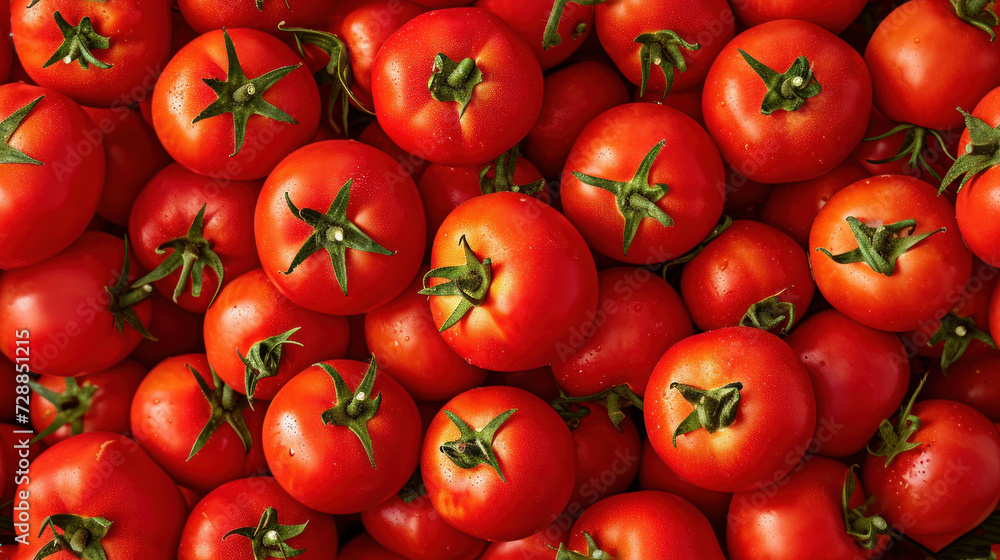 Poster a close up of a bunch of tomatoes with green stems on the top and bottom of the tomatoes with green 