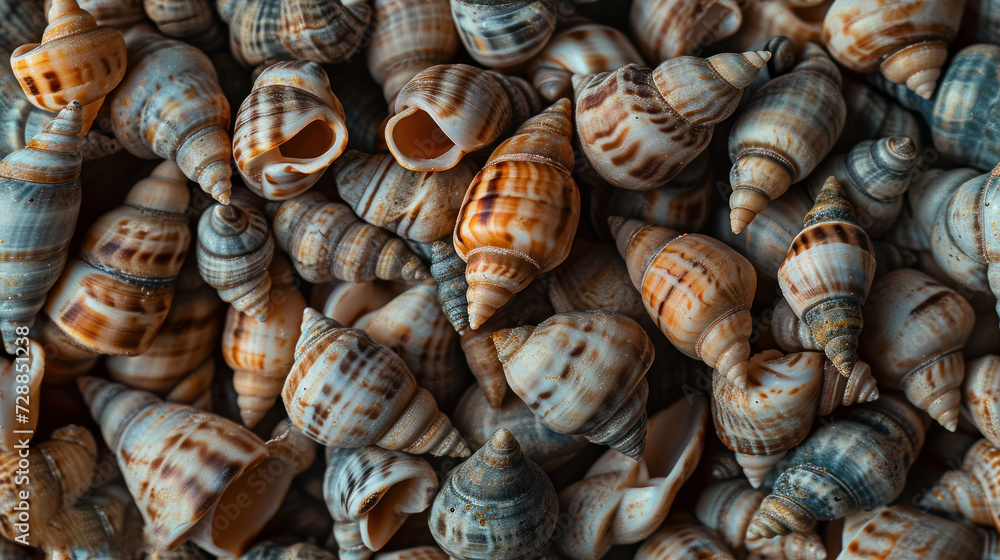 Poster a pile of sea shells sitting next to each other on top of a pile of other sea shells on top of a pil