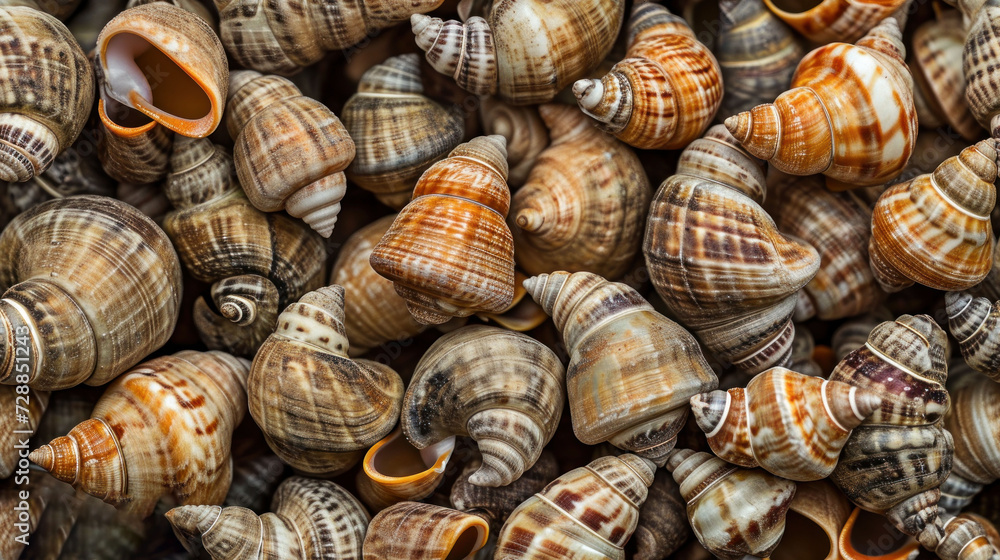 Poster a pile of sea shells sitting next to each other on top of a pile of other shells on top of a pile of