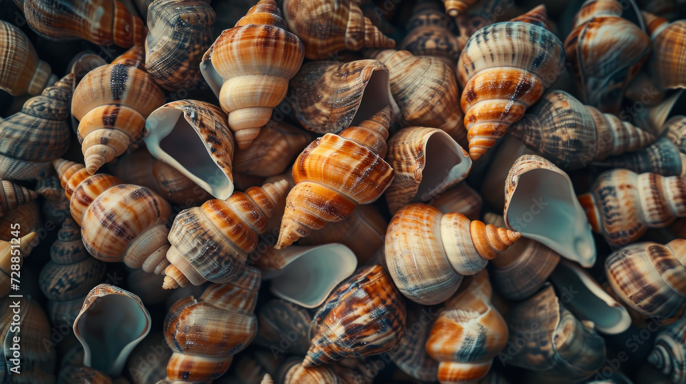 Poster a pile of sea shells sitting next to each other on top of a pile of other sea shells on top of a pil