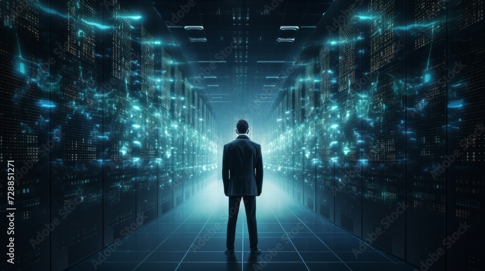 Poster silhouette of a male hacker in a server room. neural network ai generated art