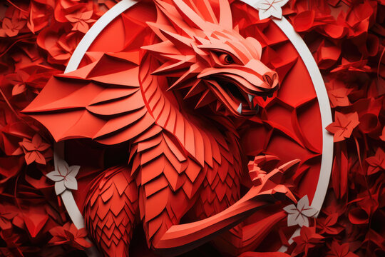 Red papercraft dragon amidst paper flowers, symbolizing Welsh pride. Papercraft for celebratory St. David's Day. For greeting card, website scontent for arts,crafts workshops.