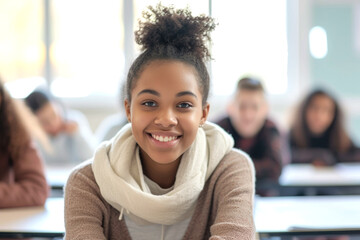 Teenage Female African-American Student Sitting in Classroom with Defocused Students, Looking at Camera