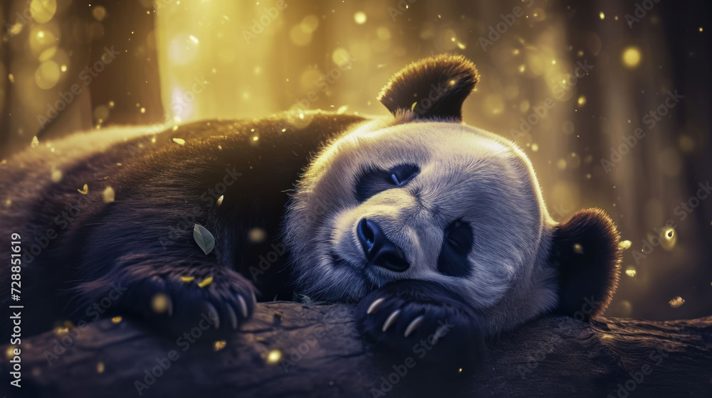 Poster a close up of a panda bear laying on a tree branch with its head resting on a branch in front of a b