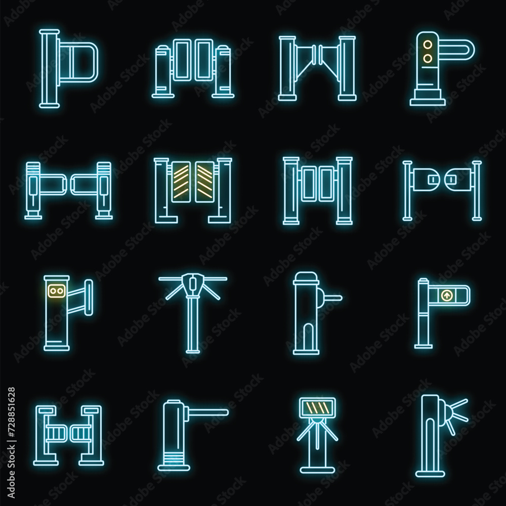 Poster turnstile access icons set. outline set of turnstile access vector icons neon color on black