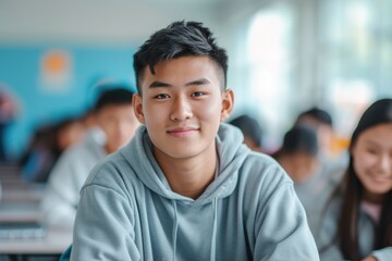 Asian Teenage Male Student Sitting in Classroom with Defocused Students, Looking at Camera