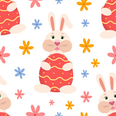Fototapeta premium Vector easter bunny and eggs, seamless pattern design