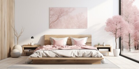Large bedroom with wooden decorations, pink bedding, and white walls.