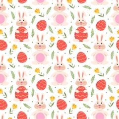 Muurstickers seamless pattern with easter eggs and rabbits, cartoon design for Easter holiday, perfect for wrapping paper © Alina Lisnycha