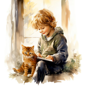Two red-haired friends - a boy with a book and a cat. Storybook watercolor illustration