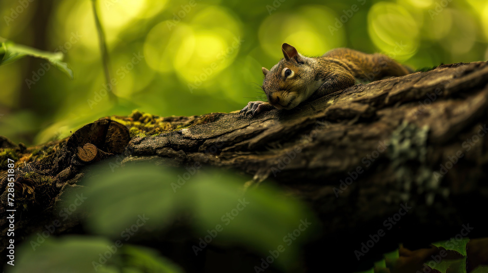 Poster a squirrel laying on top of a tree branch in the middle of a forest with lots of green leaves on the