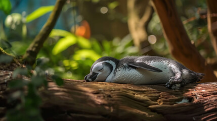 Fototapeta premium a bird that is laying down on a log in the middle of a forest of trees and plants, with it's head resting on it's side of the log.