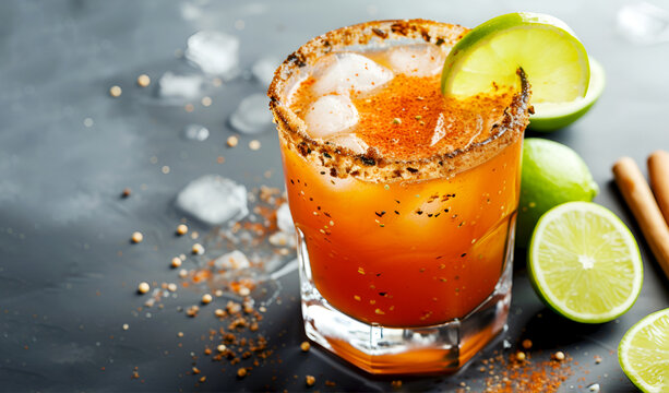 Spicy michelada cocktail with chili rim and lime on dark background, copy space. Traditional Cinqo de Mayo drink. Mexican michelada beer cocktail with spices, tomato and lime juice