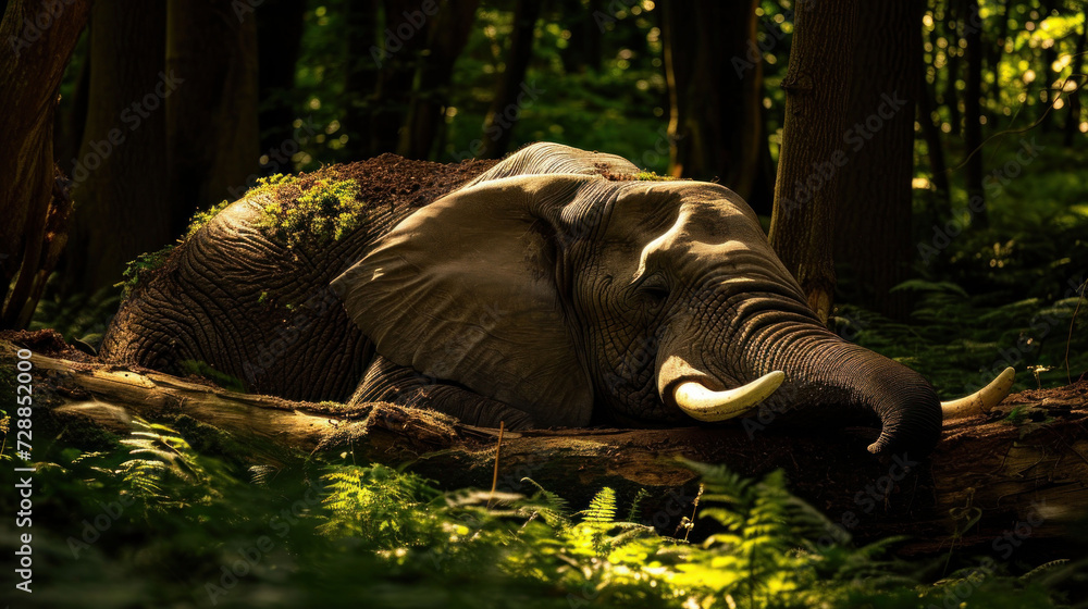 Poster an elephant laying down in the middle of a forest with trees in the background and a fallen log in t