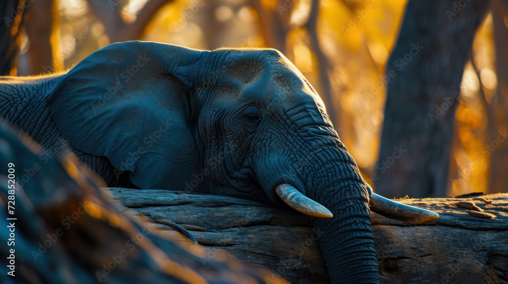 Aufkleber a close up of an elephant laying on top of a tree trunk with its trunk resting on top of the trunk o