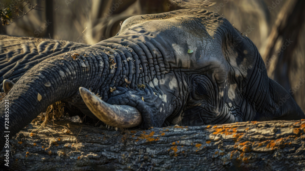 Poster a close up of an elephant laying on a tree trunk with its trunk curled over it's face and it's trunk