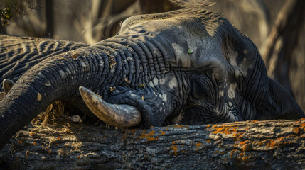 Fototapeta premium a close up of an elephant laying on a tree trunk with its trunk curled over it's face and it's trunk resting on the trunk of another elephant's head.