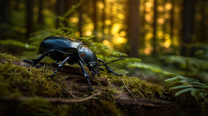  a close up of a beetle on a log in a forest with trees in the background and sunlight shining through the leaves of the trees and on the ground,. - obrazy, fototapety, plakaty