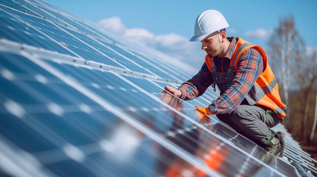 Solar panel installer meticulously positions solar panels on a rooftop