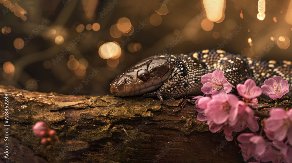 Poster a close up of a lizard on a branch of a tree with pink flowers in the foreground and boke of a blurr